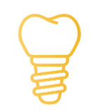 A imagem possui um dente dourado com um pino na raiz que simboliza o procedimento de implante.