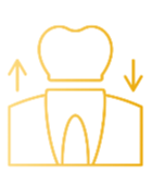 A imagem possui uma coroa dentária dourada com setas que indicam para cima e para baixo que simboliza o tratamento de prótese.