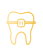 A imagem possui um dente dourado com um aparelho ortodontico que simboliza o procedimento de ortodontia.