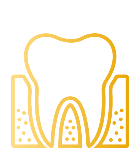 A imagem possui um dente dourado inserido na gengiva também dourada que simboliza o procedimento de periodontia.